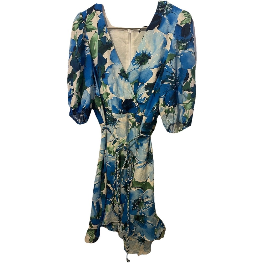 Alex Marie 14P Blue Floral Faux Wrap Dress Petite Puff Sleeve Belted - Picture 2 of 9
